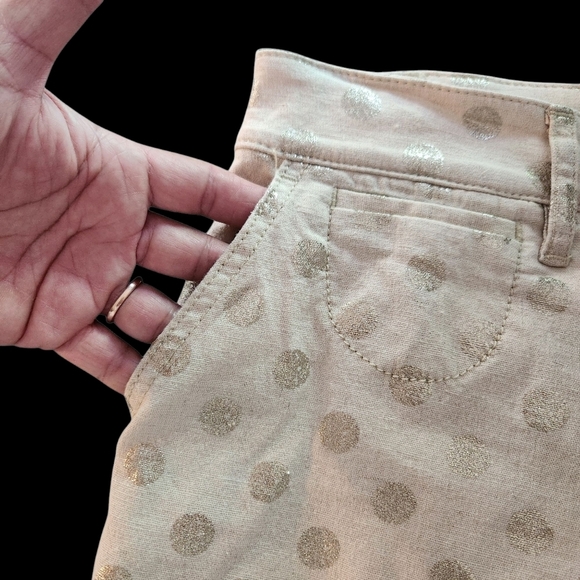 EUC ANTHROPOLOGIE LINEN BLEND BERMUDA SHORTS TAN & GOLD POLKA DOT MID RISE SZ 27 - Picture 7 of 13